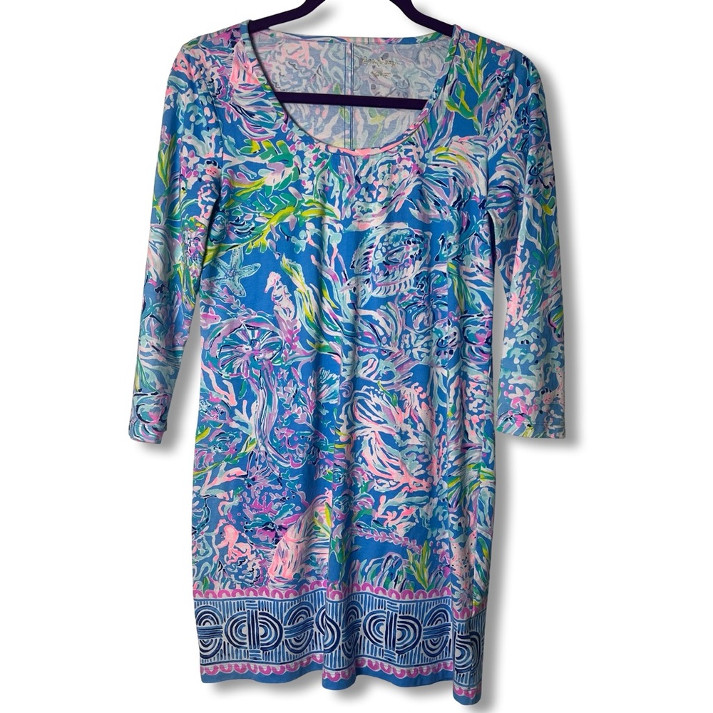 Lilly Pulitzer Marlowe Boatneck 3/4 Sleeve Knit Shift Dress Ocean Print Sz S